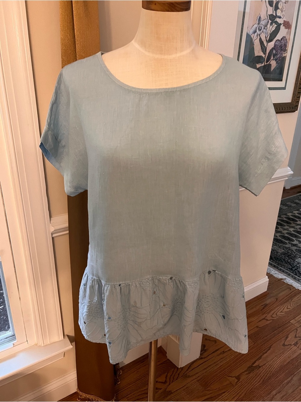 Light Blue Eyelet Ruffle Tunic Top - Casual Women's Blouse